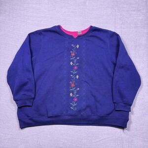VTG Shenanigans Royal Blue Floral Embroidered Crewneck Sweatshirt Women's 3XL‎